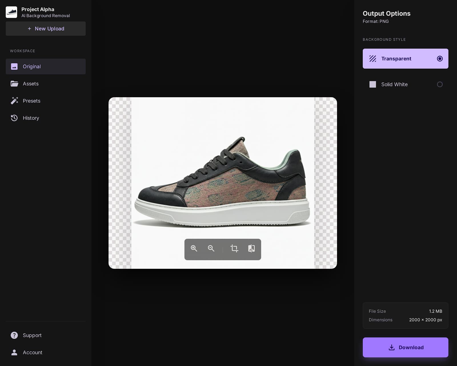 Flixdown AI background removal interface — sneaker product photo with transparent checkerboard background, output options sidebar, Refine Edges toggle, dark theme