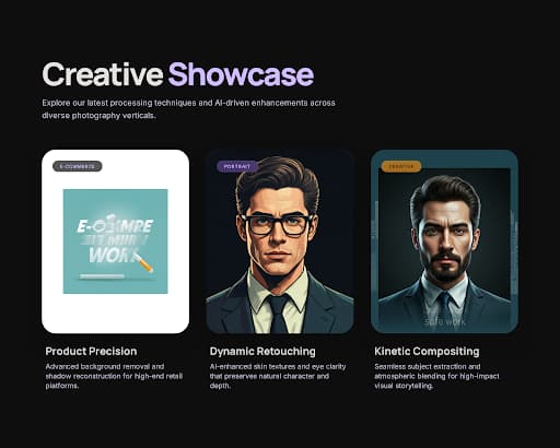 Background removal use cases: leather handbag on pure white for e-commerce (left), woman's portrait on neutral gradient for LinkedIn (center), person composited onto city skyline for creative use (right)