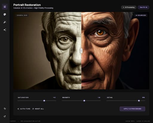 Flixdown AI photo colorization interface — split-screen editor with grayscale original and colorized preview, Saturation/Warmth/Detail sliders, dark theme