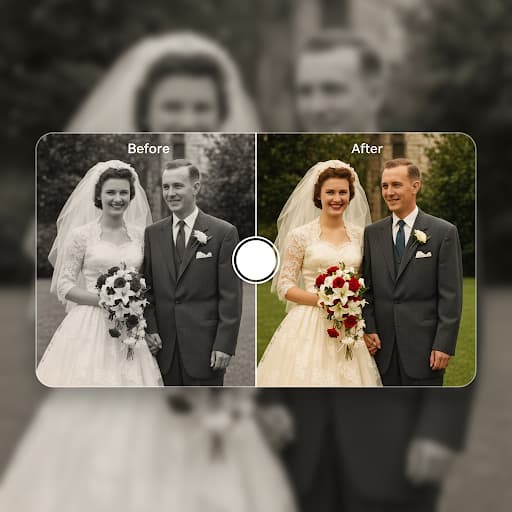 Before-and-after comparison: 1950s wedding photo in grayscale (left) and AI-colorized version with warm skin tones and period-accurate palette (right)